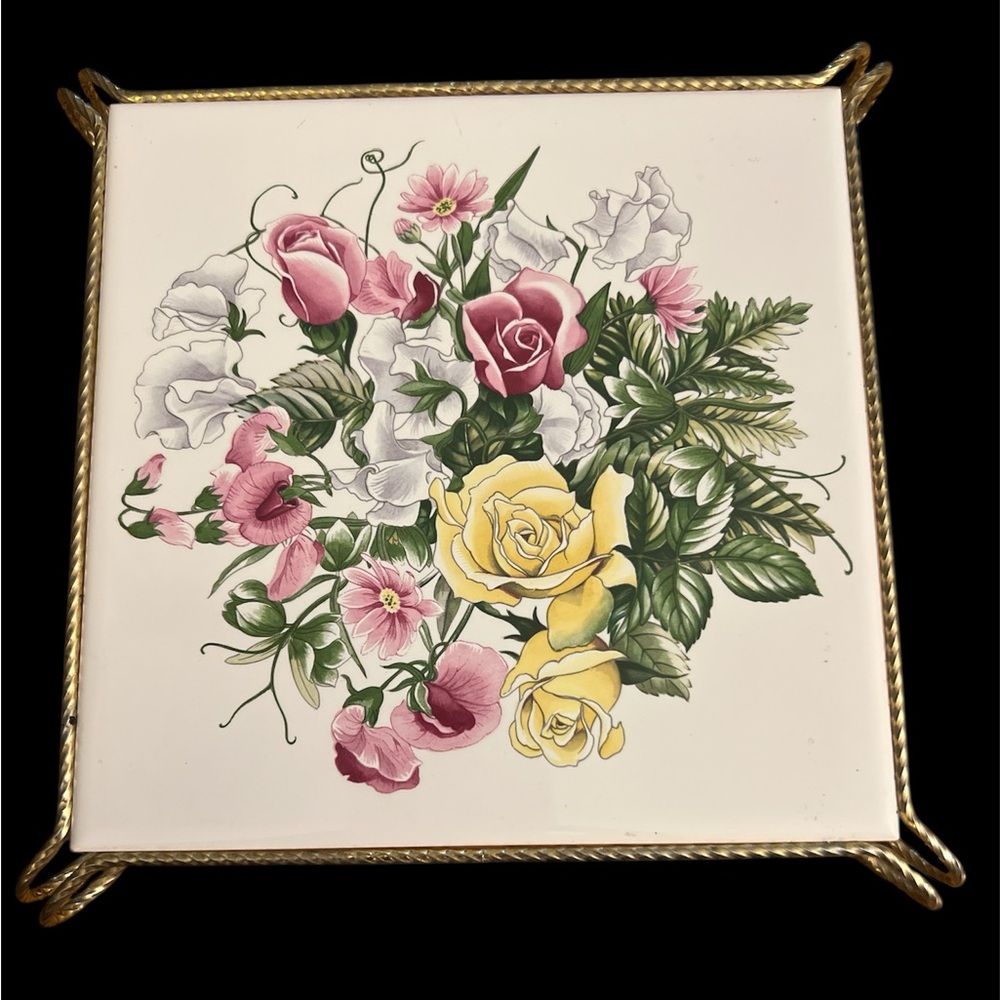 Floral Ceramic Tile with Gold trivet Czechoslovakia vintage